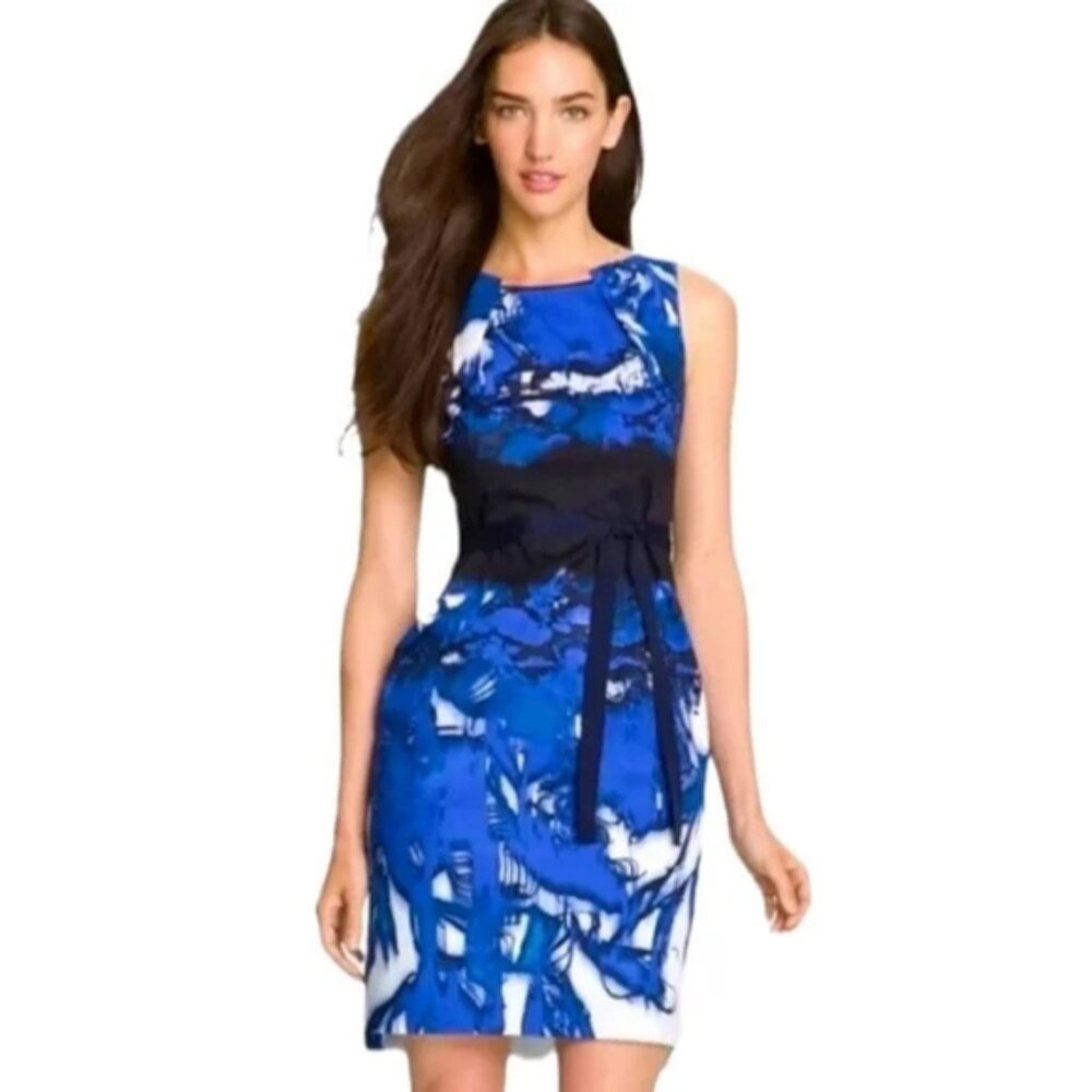 T Tahari Abstract Aqua Ocean Painting Pastel Beach Sleeveless Sheath Dress 10P